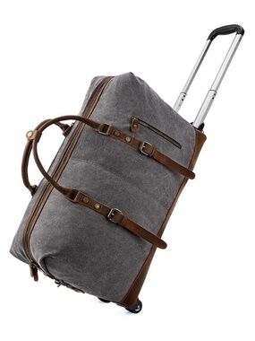 KATTEE Dark Grey Canvas Rolling Luggage Duffel Bag Leather Trim Canvas Travel